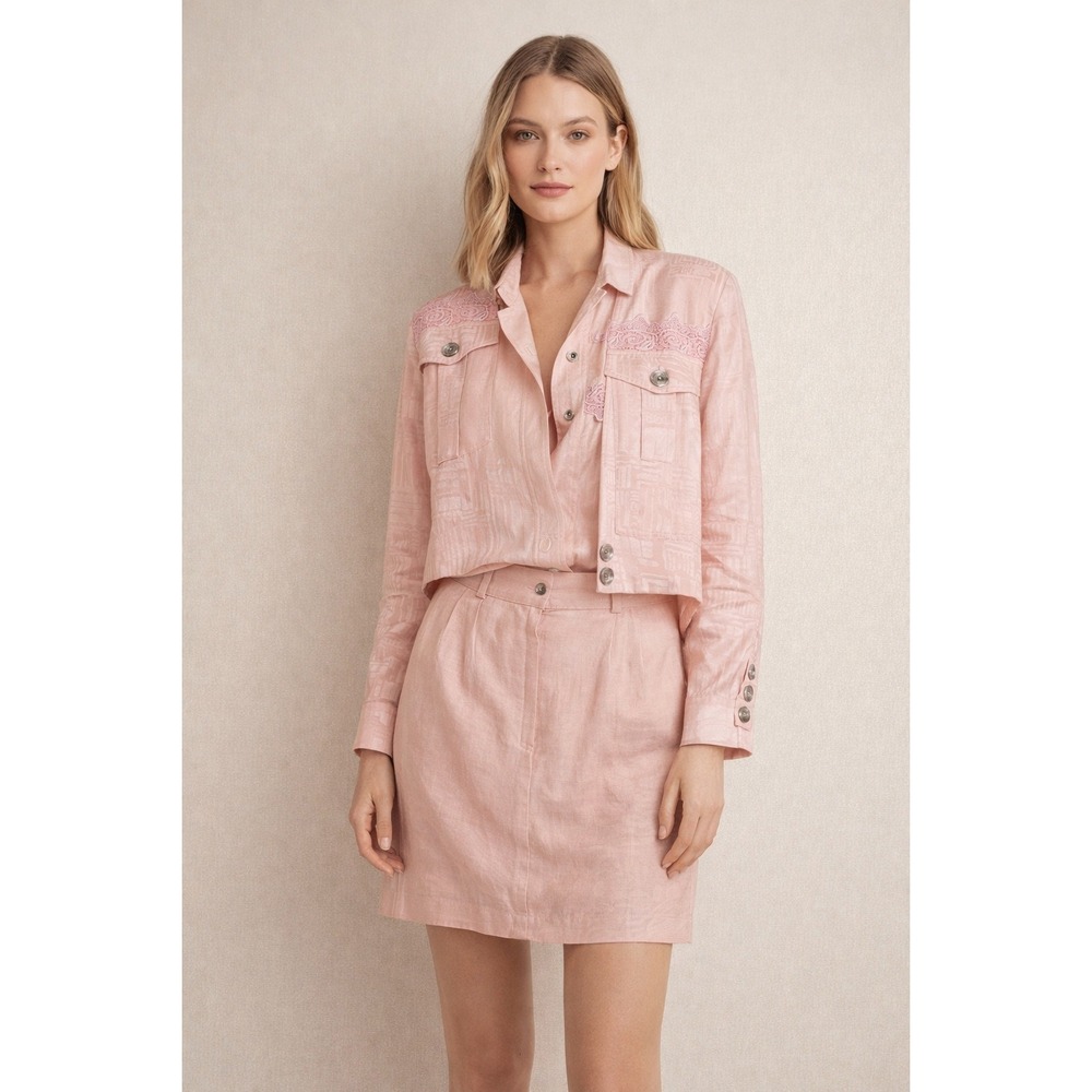 Eternal Pink 100% Silk 3 Piece Skirt Suit Set Lace Trim Jacket Blouse Medium NWT